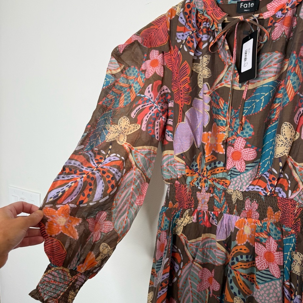New FATE Spring Floral Tropical Vibrant Flowy Maxi Dress Puff Long Sleeve small - Picture 8 of 15